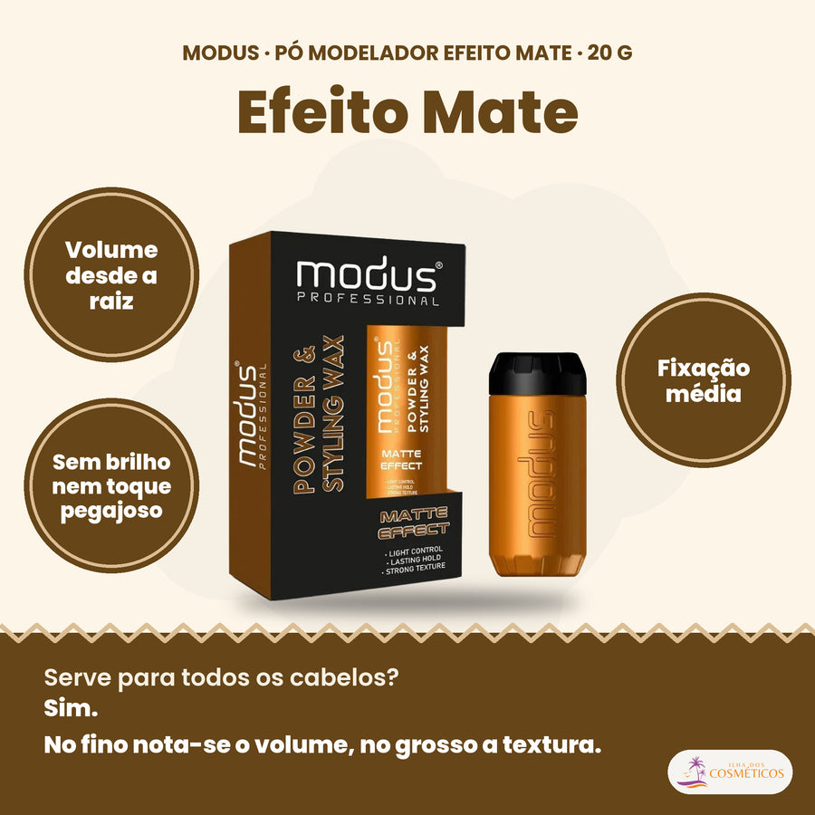 Modus pó modelador Efeito Mate 20 g, volume com acabamento mate, sem brilho nem toque pegajoso