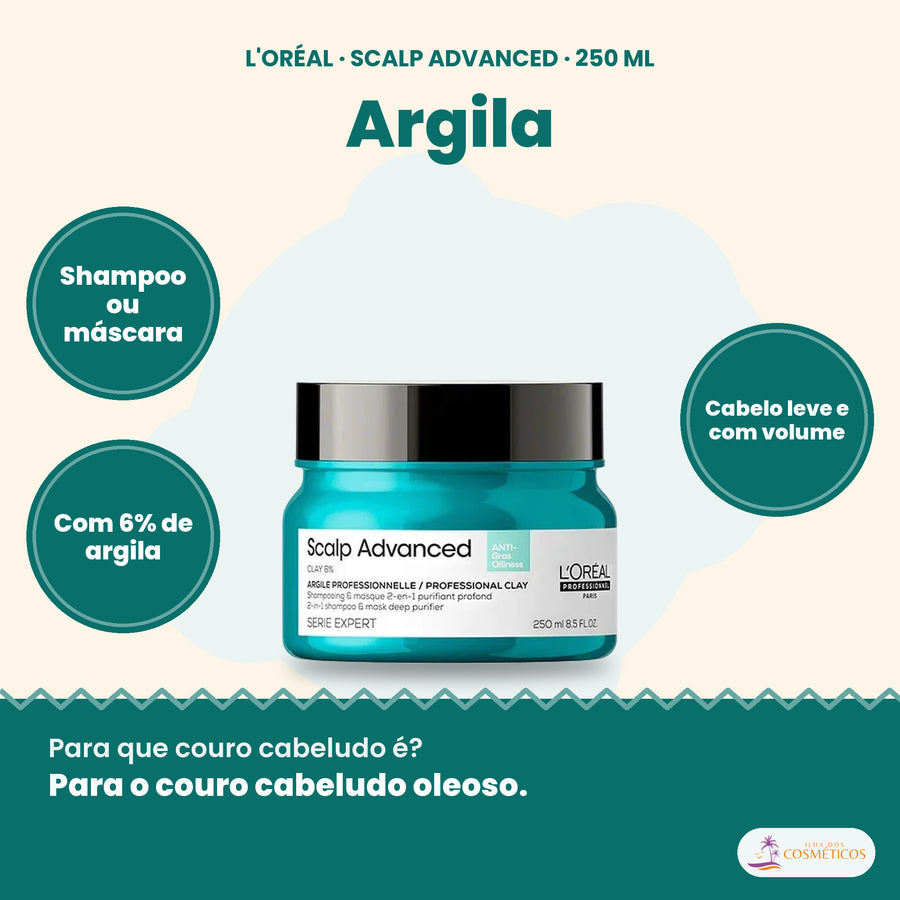 L'Oréal Professionnel Scalp Advanced argila 2 em 1 purificante 250 ml, shampoo ou máscara para couro cabeludo oleoso