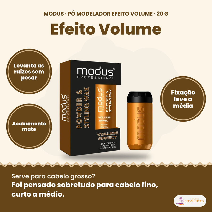 Modus pó modelador Efeito Volume 20 g, levanta as raízes com acabamento mate e fixação leve a média