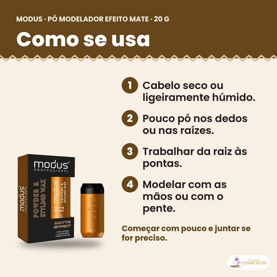 Modo de uso do pó modelador Modus Efeito Mate, 20 g