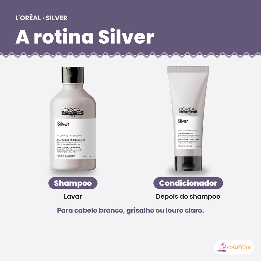 Shampoo L'Oréal Professionnel Silver 300 ml ao lado dos outros produtos da linha