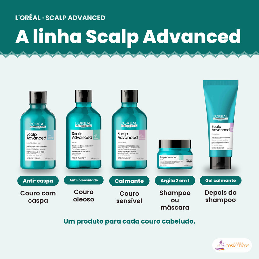 L'Oréal Professionnel Scalp Advanced Shampoo Calmante Couro Cabeludo Sensível 300ml ao lado dos outros produtos da linha