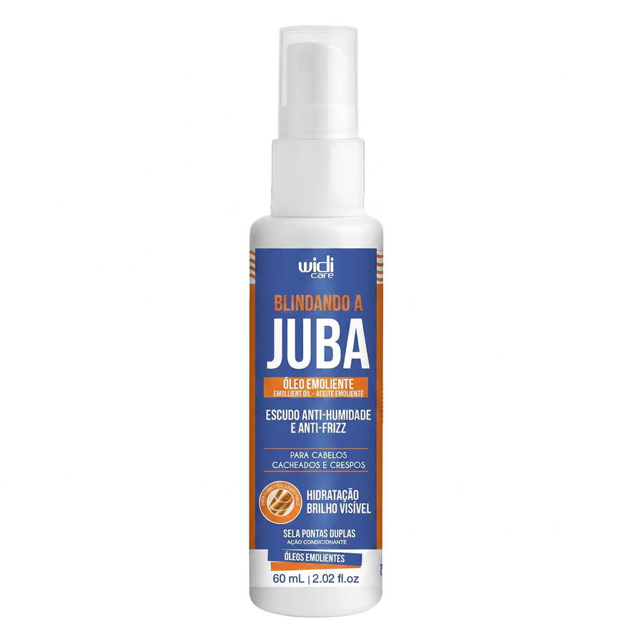 Óleo Nutritivo Blindando a Juba Widi Care 60 ml: frasco com spray, rótulo azul e laranja, de frente