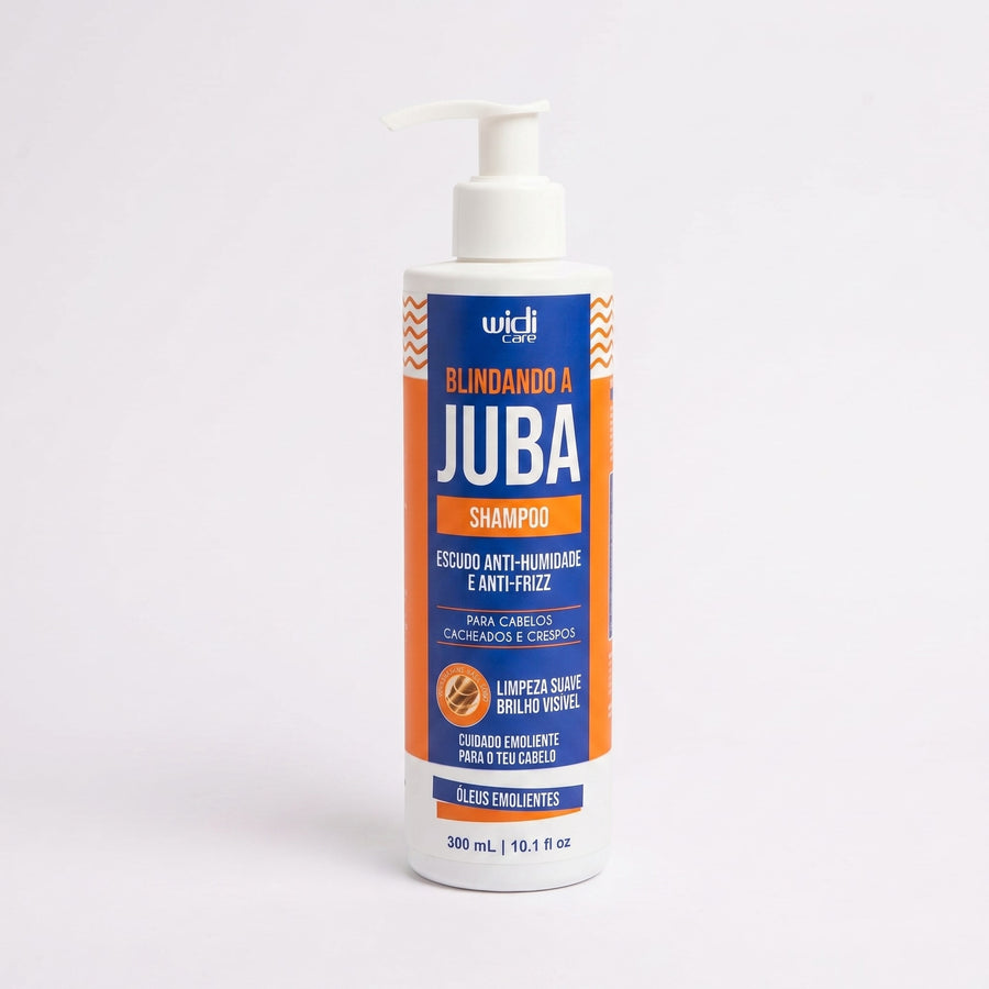 Shampoo Blindando a Juba Widi Care 300 ml: frasco com válvula, rótulo azul e laranja, de frente