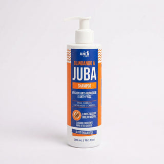 Shampoo Blindando a Juba Widi Care 300 ml: frasco com válvula, rótulo azul e laranja, de frente