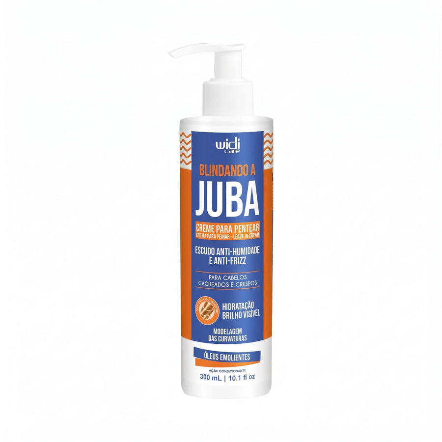 Creme de Pentear Blindando a Juba Widi Care 300 ml: frasco com válvula, rótulo azul e laranja, de frente