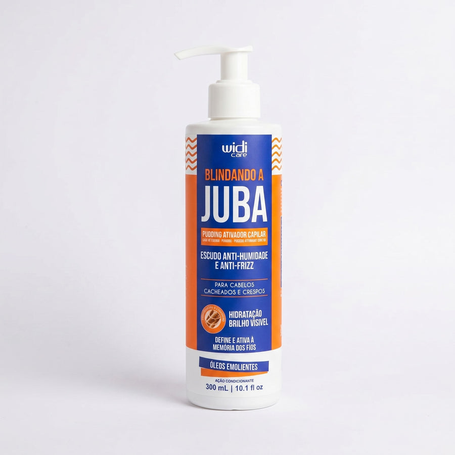 Pudding Ativador Blindando a Juba Widi Care 300 ml: frasco com válvula, rótulo azul e laranja, de frente