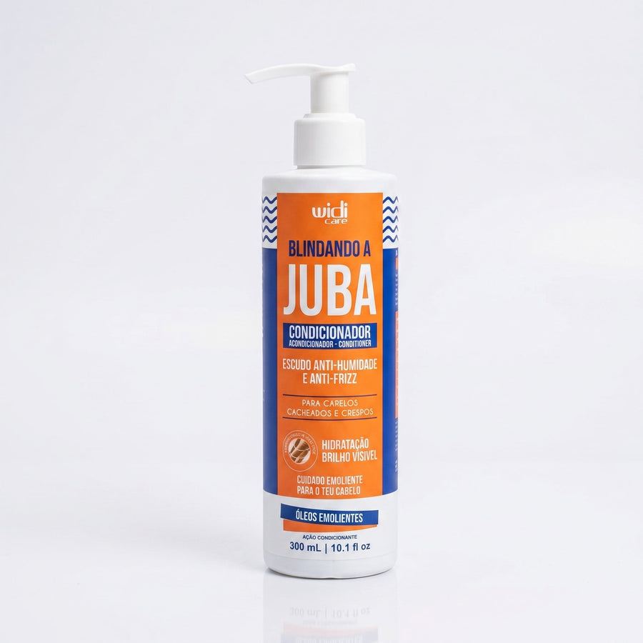 Condicionador Blindando a Juba Widi Care 300 ml: frasco com válvula, rótulo azul e laranja, de frente