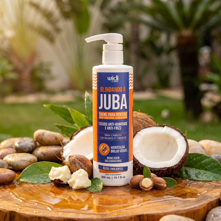 Creme de Pentear Blindando a Juba Widi Care: frasco entre cocos, karité, macadâmias e pedras