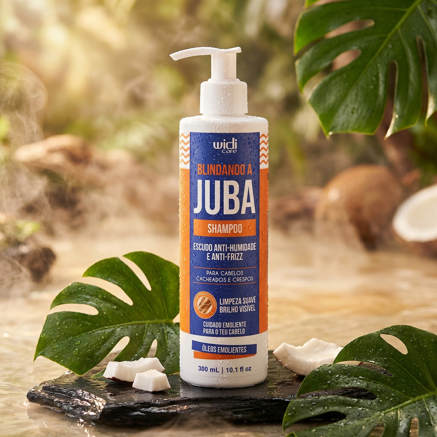 Shampoo Blindando a Juba Widi Care: frasco entre folhas e coco
