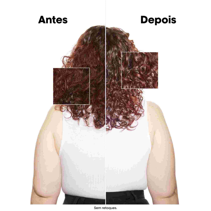 Antes e depois em cabelo encaracolado acobreado com L'Oréal Professionnel Vitamino Color