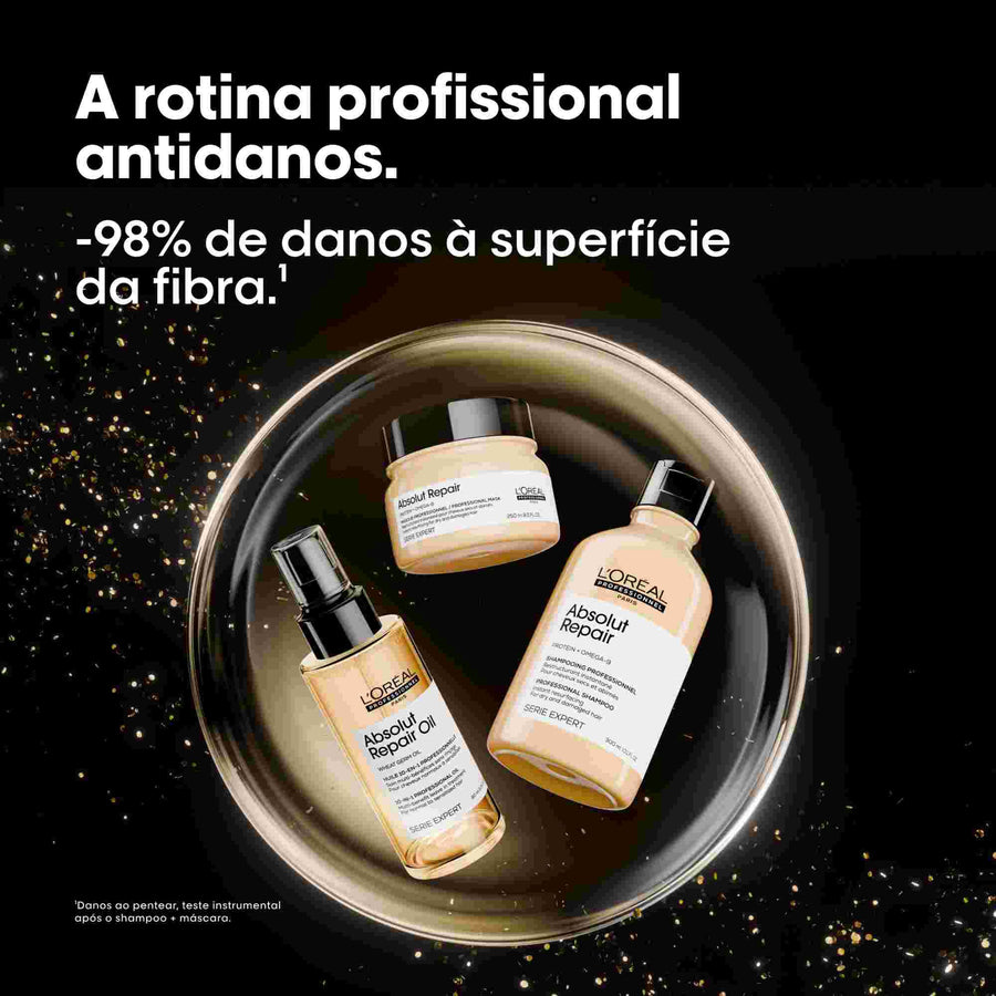 L'Oréal Professionnel Absolut Repair shampoo, máscara e óleo 10 em 1, com menos 98% de danos à superfície da fibra