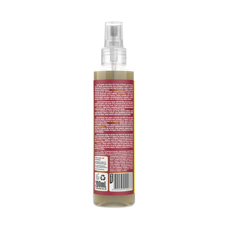 Dona Flora Protetor Capilar Praia e Piscina Filtro UV 200ml: o verso da embalagem, com o texto do rótulo