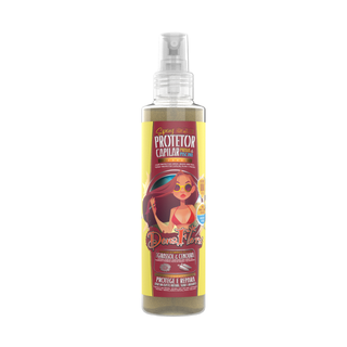 Protetor Capilar Praia e Piscina Filtro UV Dona Flora: o líquido amarelo num frasco transparente, de rótulo carmim e spray