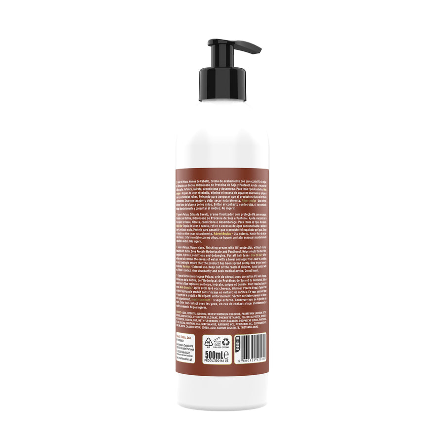 Dona Flora Crina de Cavalo Leave-in com Proteção Térmica e UV 500ml: o verso da embalagem, com o texto do rótulo