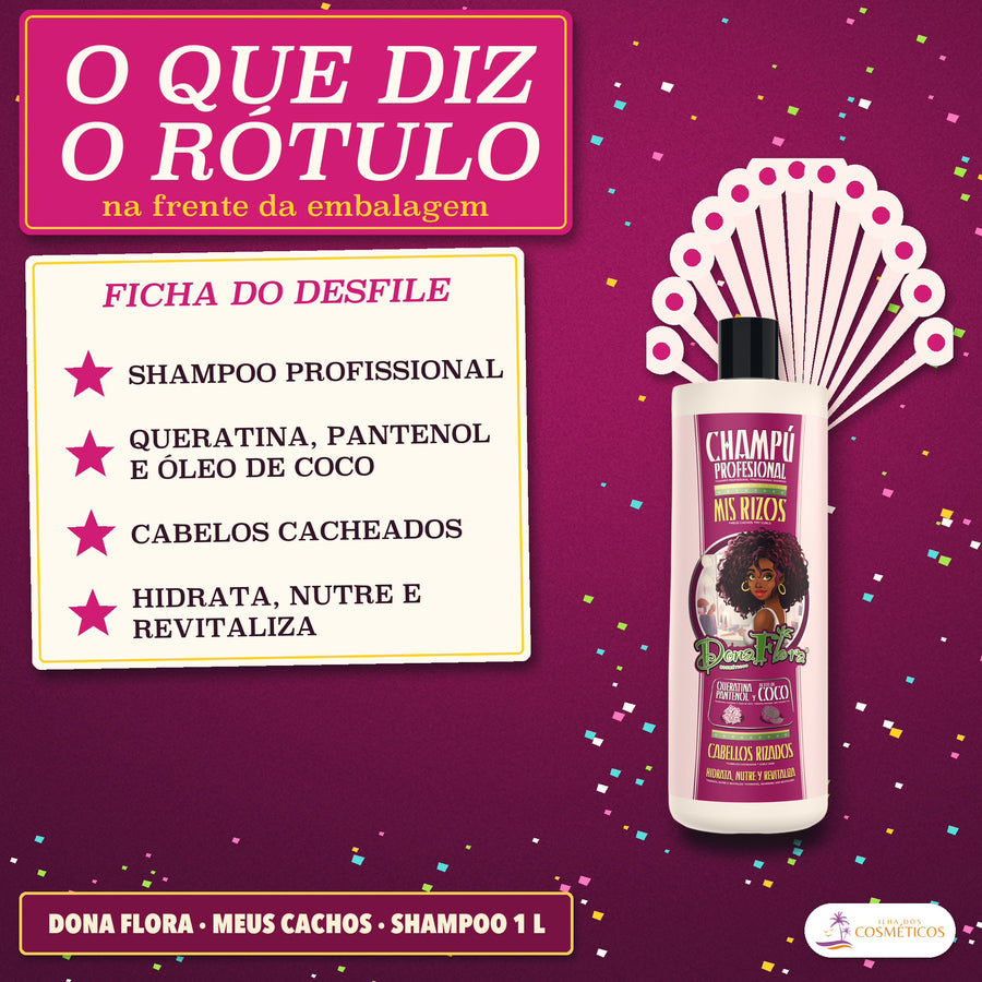 Shampoo Meus Cachos Dona Flora com Queratina e Coco: o que diz a frente do rótulo, em quatro linhas, ao lado do frasco
