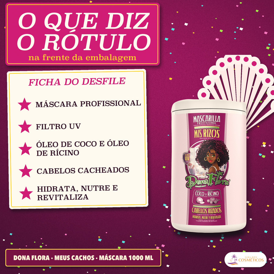Máscara Meus Cachos Dona Flora com Coco e Rícino: as cinco frases da frente do pote, entre elas o filtro UV