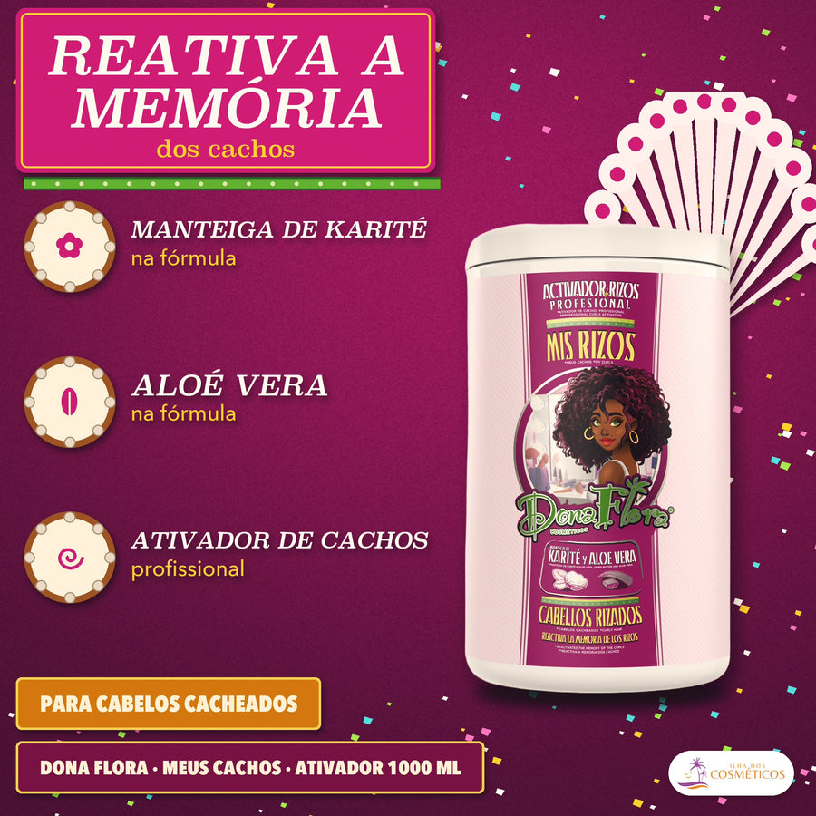 Ativador de Cachos Meus Cachos Dona Flora Karité: apresentação, com a memória dos cachos em título e os dois ativos por baixo