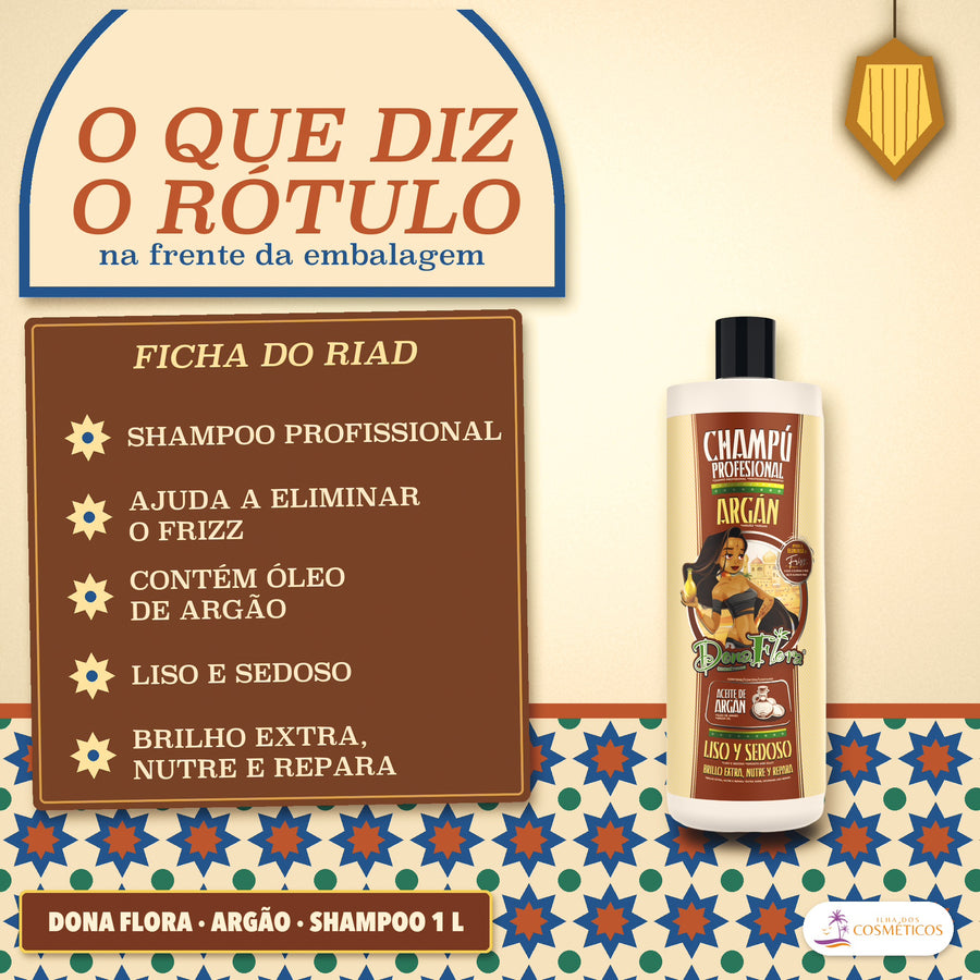 Shampoo de Argão Dona Flora Nutre e Repara: a frente do frasco passada a limpo, em cinco frases