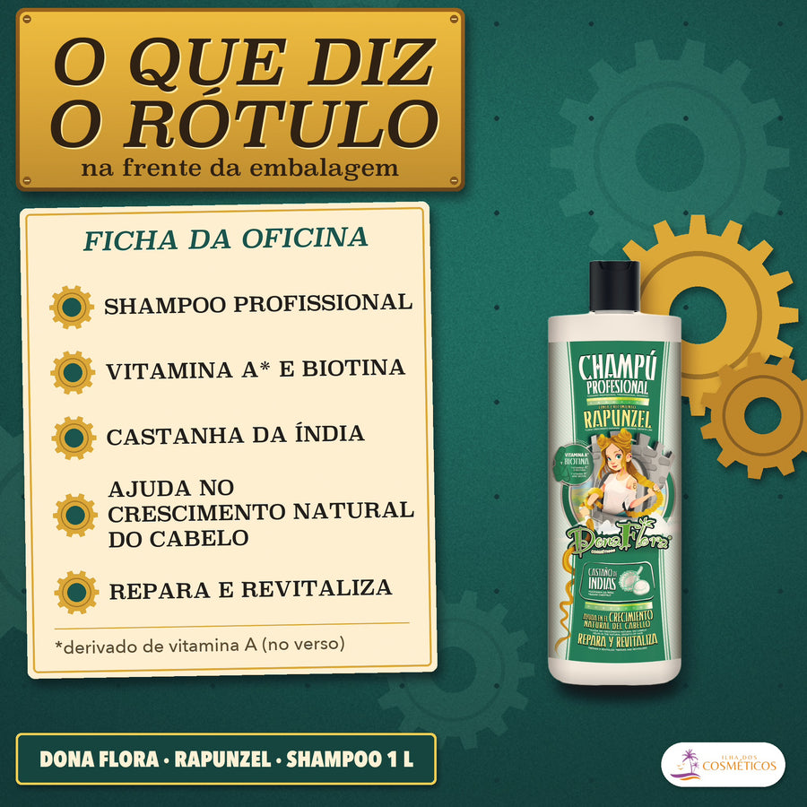 Shampoo Rapunzel Dona Flora Crescimento com Biotina: o que diz o rótulo na frente, vitamina A e castanha da Índia