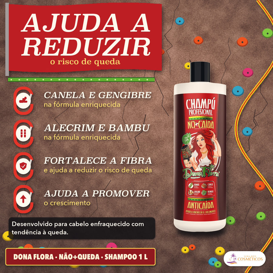 Shampoo Antiqueda Dona Flora Não+Queda com Alecrim: peça de apresentação em parede de escalada, com presas coloridas