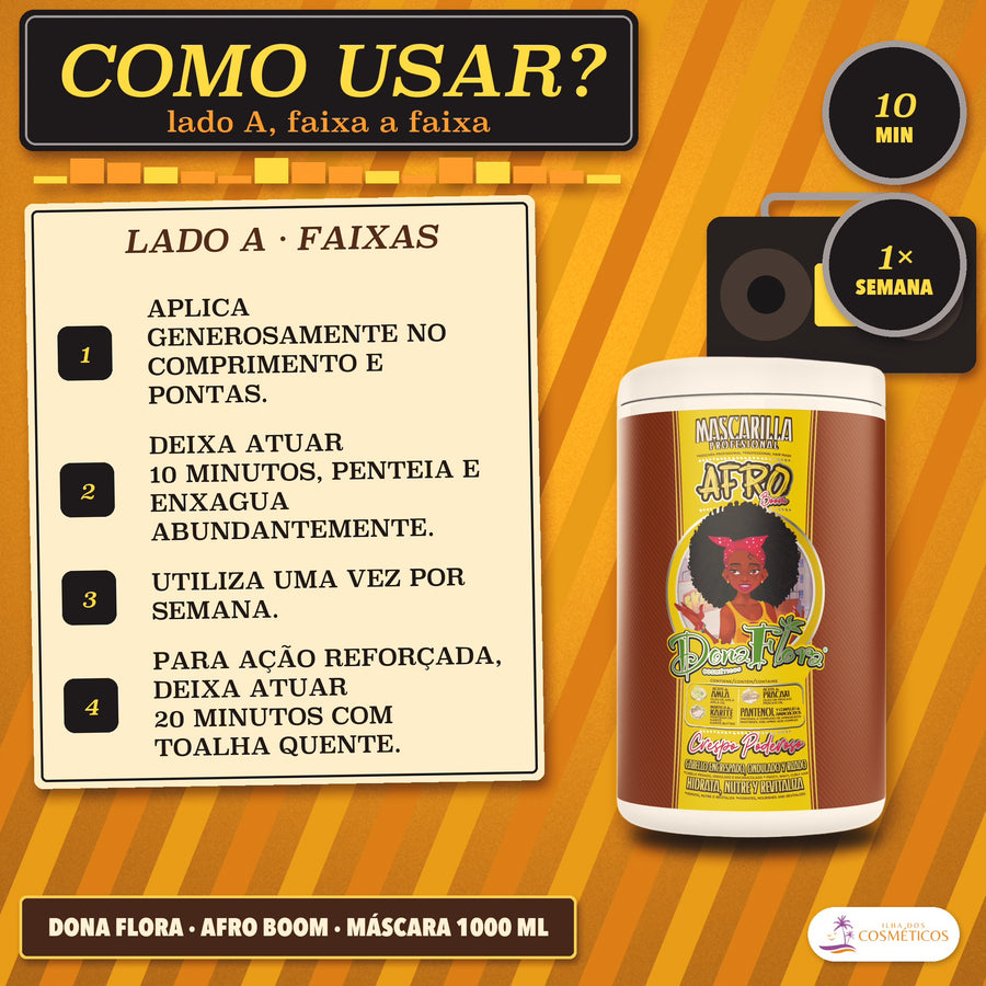 Máscara Crespos e Encaracolados Afro Boom Dona Flora: quatro passos em fundo creme e dois círculos, 10 min e 1× semana