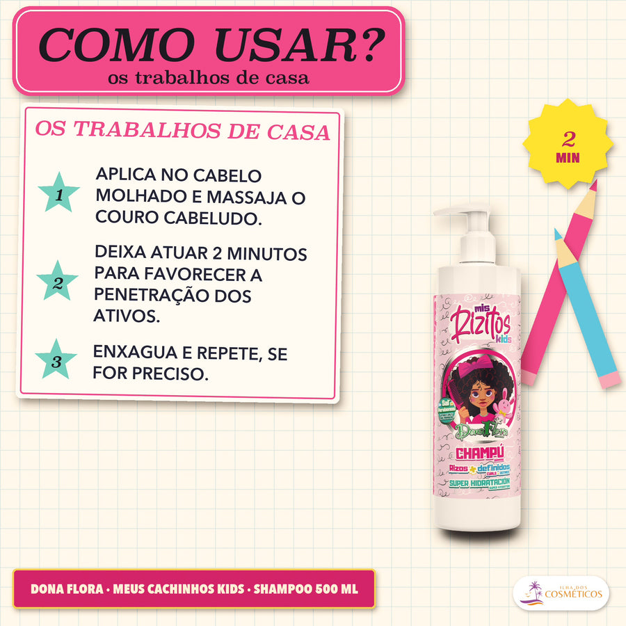 Shampoo Meus Cachinhos Kids Dona Flora Definição: como usar em três passos, com estrelas verdes e um selo amarelo de 2 MIN