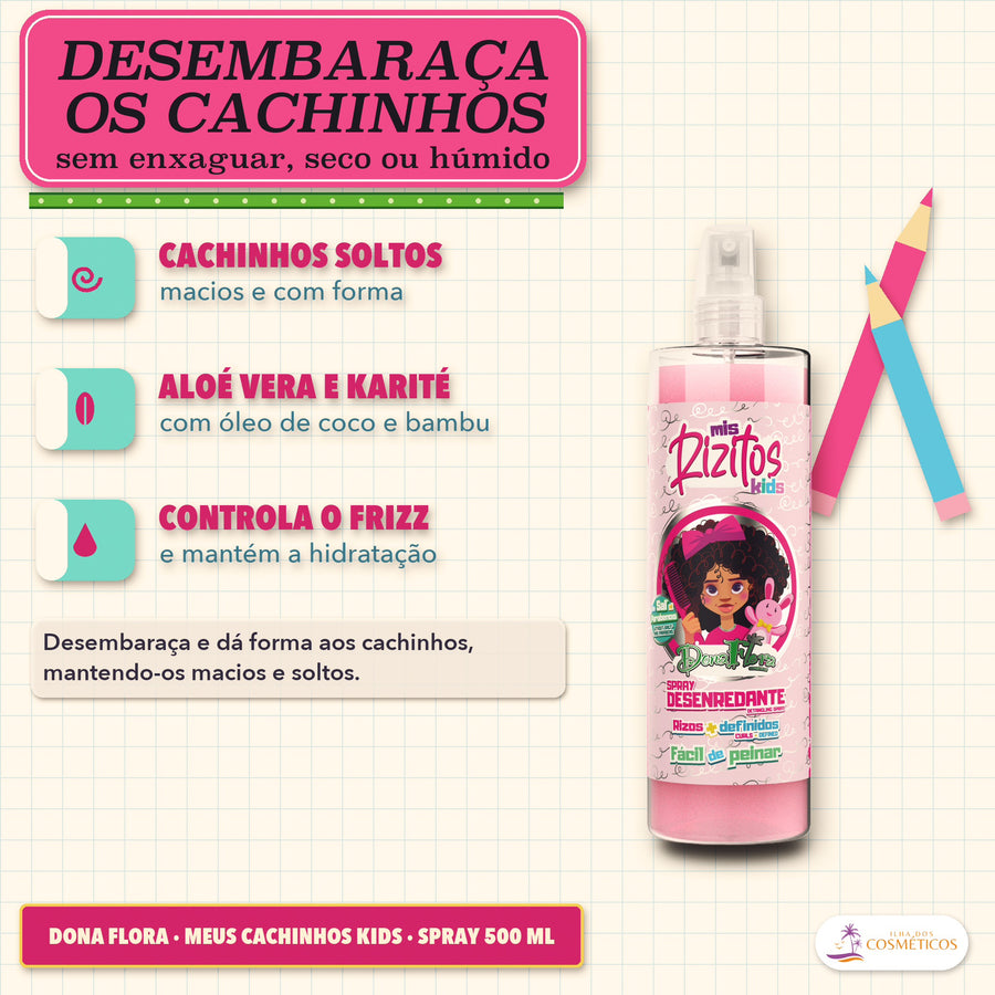 Spray Desembaraçante Meus Cachinhos Kids Dona Flora: três pontos de apresentação e uma caixa de texto, junto ao líquido rosa