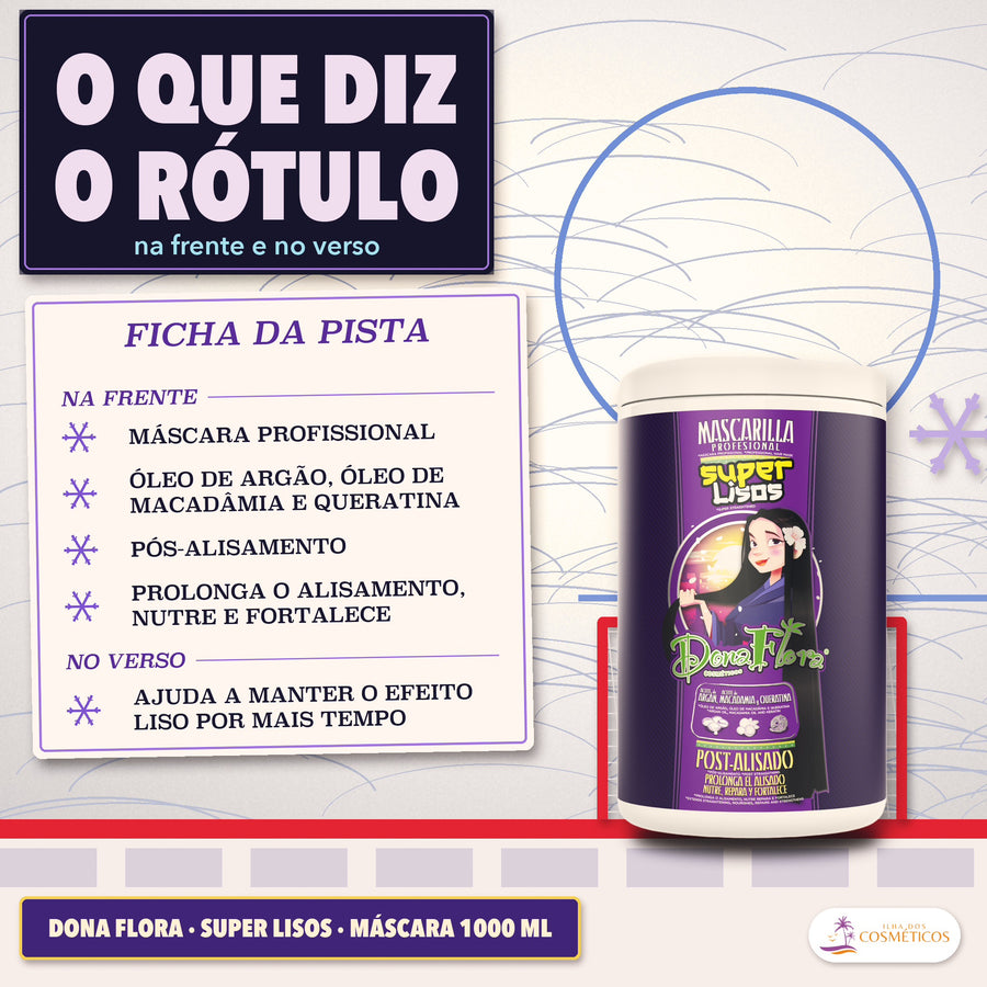 Máscara Pós-Alisamento Dona Flora Super Lisos: ficha da pista com as frases da frente e uma do verso, e o pote ao lado