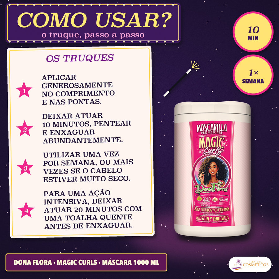 Máscara Definição e Volume Magic Curls Dona Flora: quatro passos em estrelas e os círculos 10 min e 1× semana junto ao pote