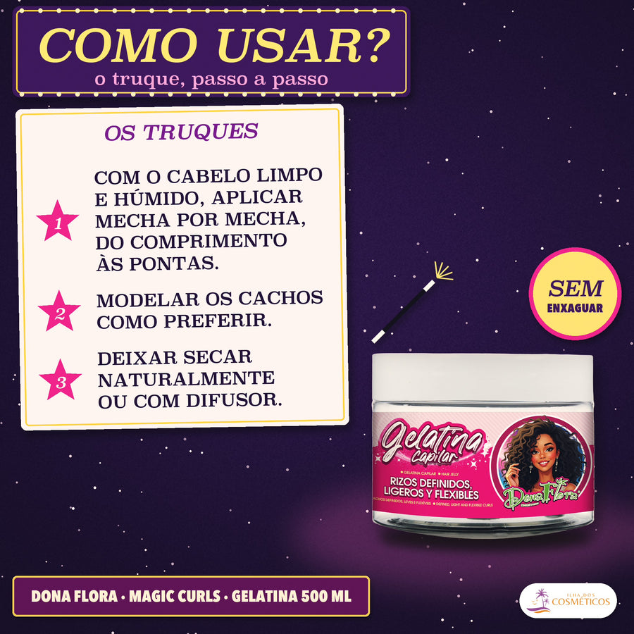 Gelatina Capilar Definição Magic Curls Dona Flora: três passos do cabelo limpo ao difusor e o selo Sem enxaguar