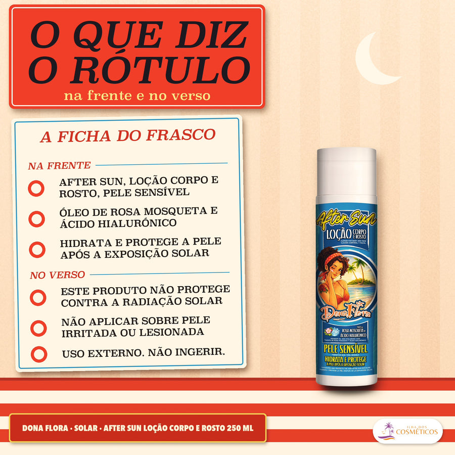 After Sun Loção Corpo e Rosto Pele Sensível Dona Flora: lista da frente e do verso num cartão, com o frasco de rótulo azul