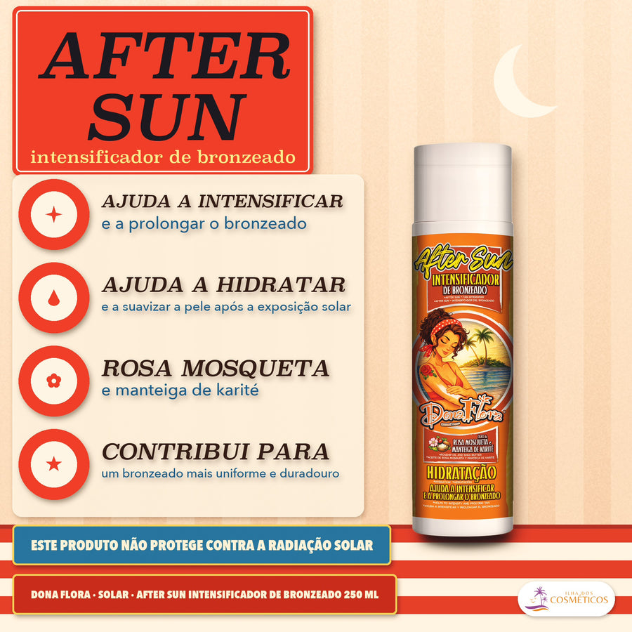 After Sun Intensificador de Bronzeado Dona Flora: frasco de rótulo laranja sob uma lua, quatro destaques e uma faixa azul