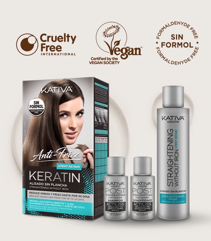Kativa Keratin Anti-Frizz Xpert Repair: a caixa, a máscara e os dois frascos, com os selos Cruelty Free, Vegan Society e sem formol