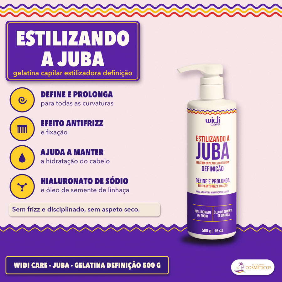 Gelatina Capilar Definição Estilizando a Juba Widi Care: apresentação em roxo, com quatro destaques e o frasco de 500 g