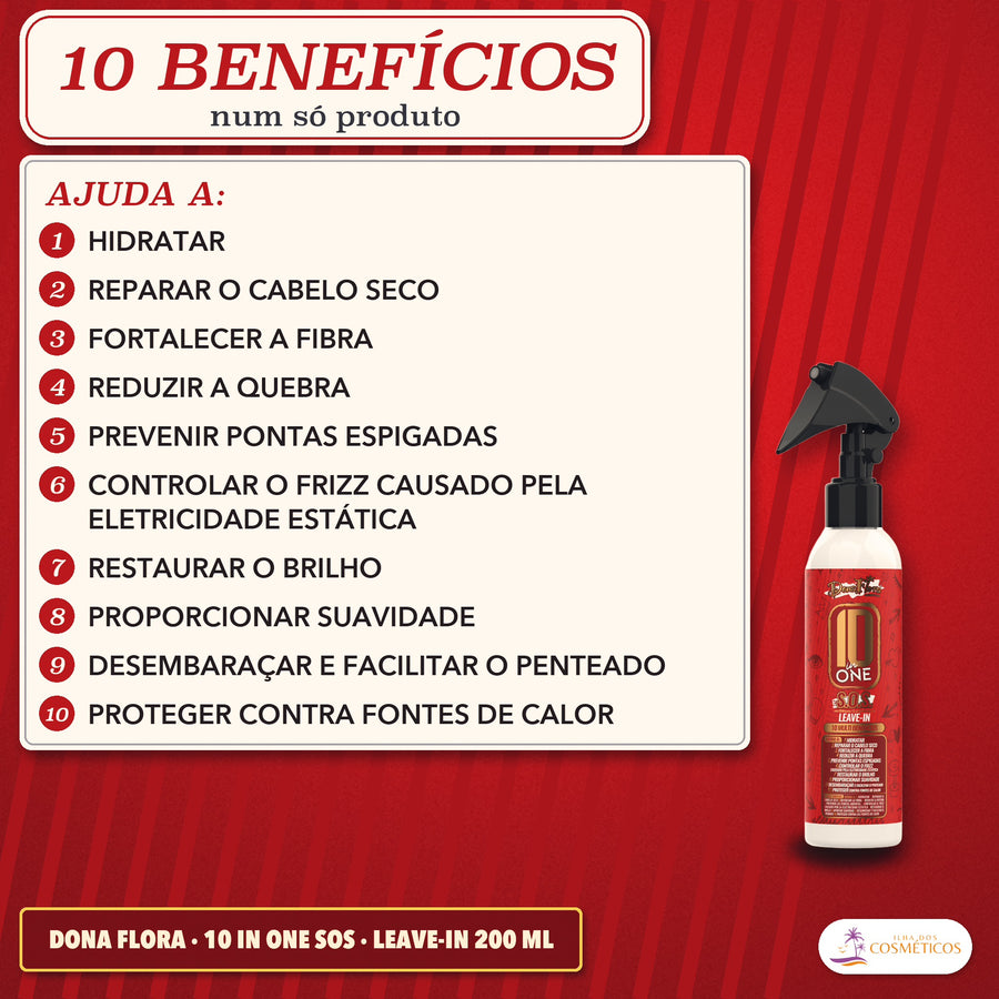 Leave-in 10 in One S.O.S Dona Flora: peça com a lista numerada dos 10 benefícios num só produto