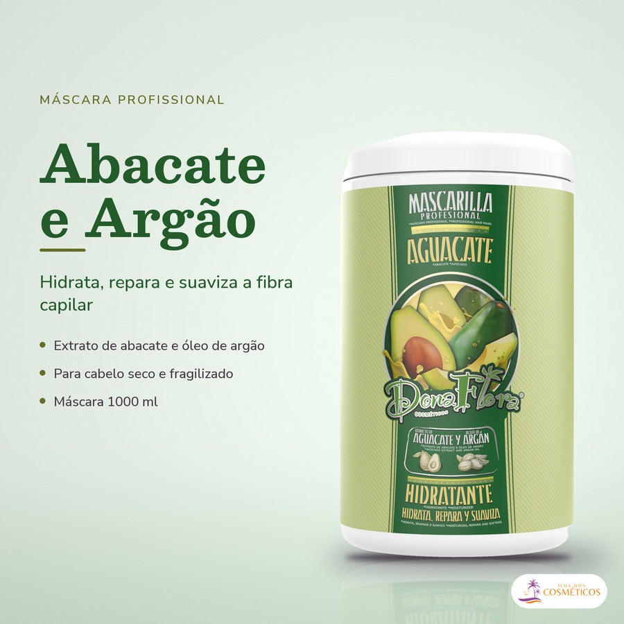 Máscara Abacate e Argão Dona Flora Hidratante: pote em fundo de estúdio, com o nome da linha e as notas