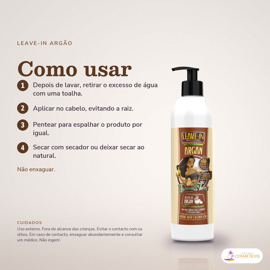 Leave-in de Argão Dona Flora Proteção Térmica e UV: passos numerados de como usar e os cuidados no fundo
