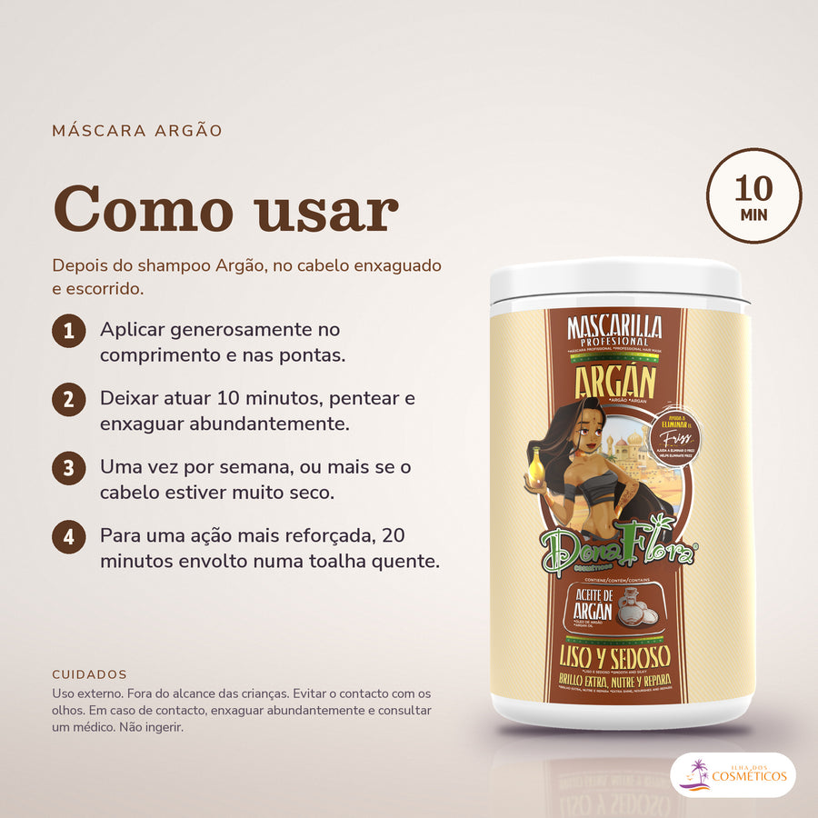 Máscara de Argão Dona Flora Nutre e Repara: passos numerados de como usar e os cuidados no fundo