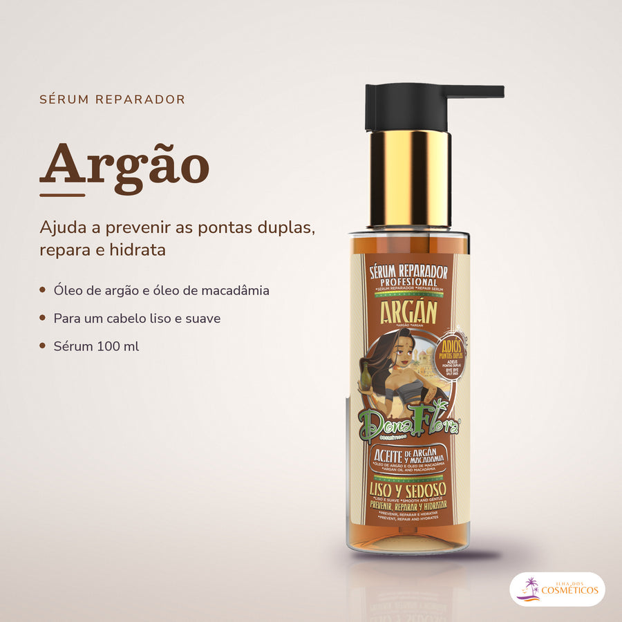 Sérum Reparador de Pontas Dona Flora Argão e Macadâmia: frasco em fundo de estúdio, com o nome da linha e as notas