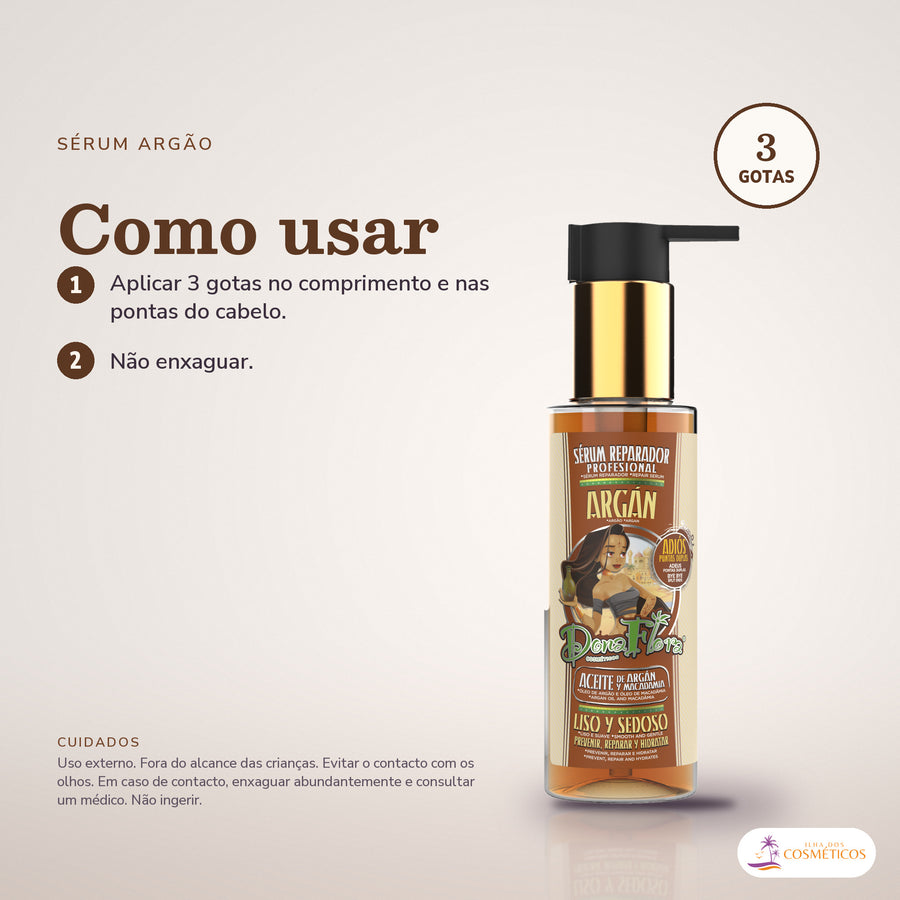 Sérum Reparador de Pontas Dona Flora Argão e Macadâmia: passos numerados de como usar e os cuidados no fundo