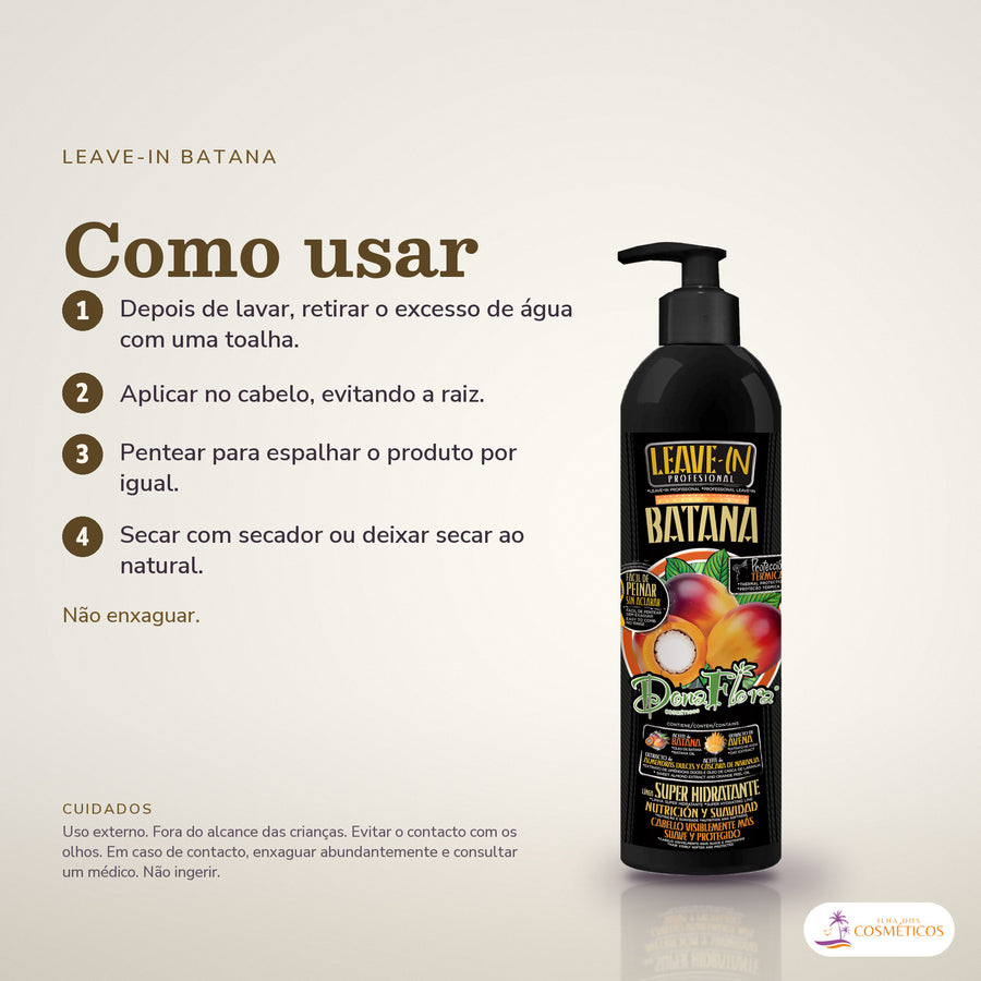 Leave-in Batana Dona Flora Nutrição e Proteção Térmica: passos numerados de como usar e os cuidados no fundo