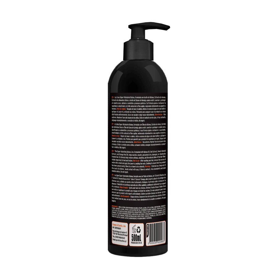 Dona Flora Batana Leave-in Nutrição e Proteção Térmica 500ml: o verso da embalagem, com o texto do rótulo
