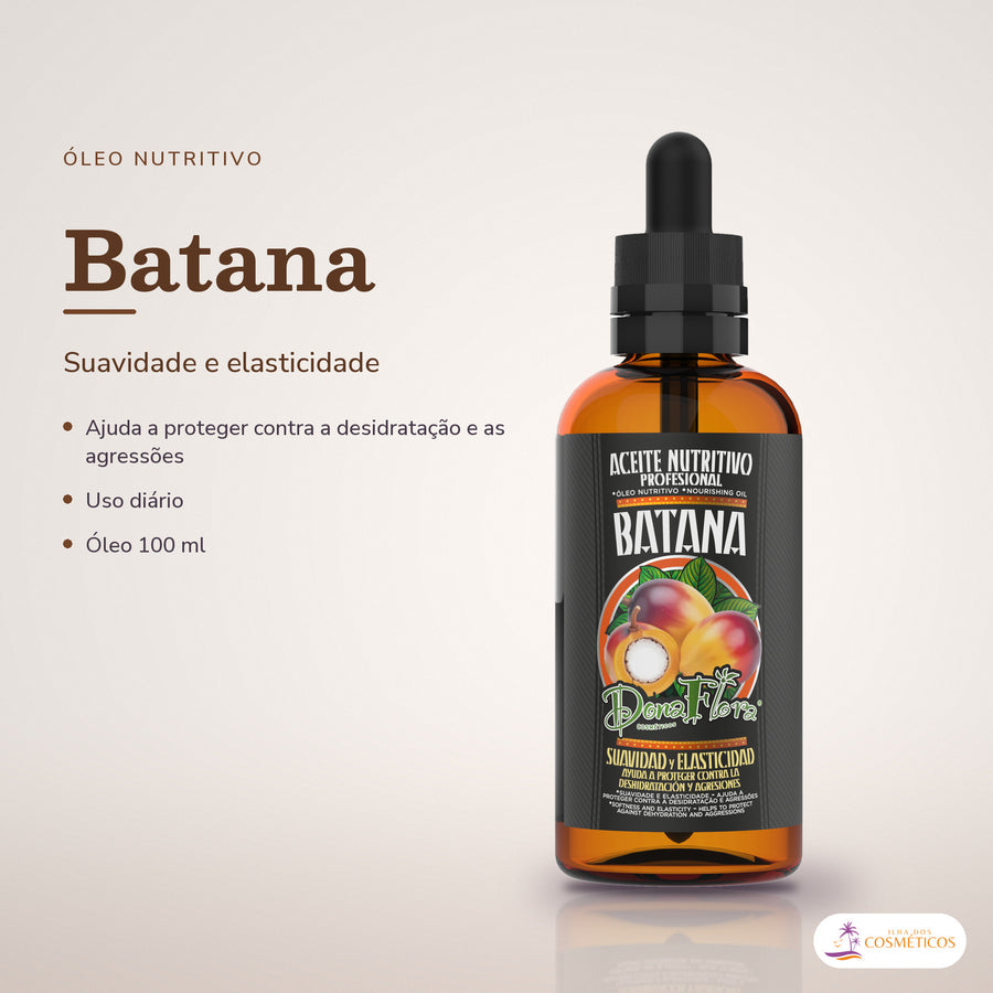 Óleo Nutritivo Batana Dona Flora Cabelo e Pele: frasco em fundo de estúdio, com o nome da linha e as notas