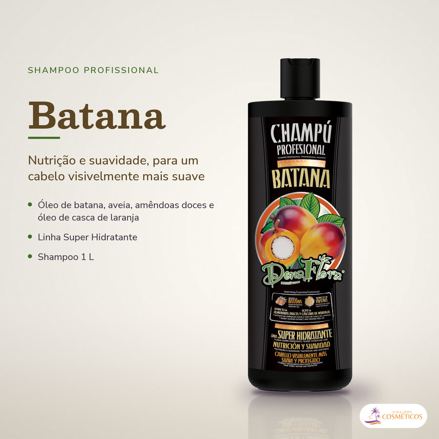 Shampoo Batana Dona Flora Nutrição e Suavidade: frasco em fundo de estúdio, com o nome da linha e as notas
