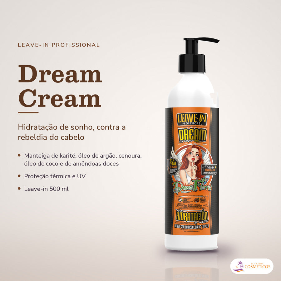 Leave-in Dream Cream Dona Flora Hidratante com Karité: frasco em fundo de estúdio, com o nome da linha e as notas