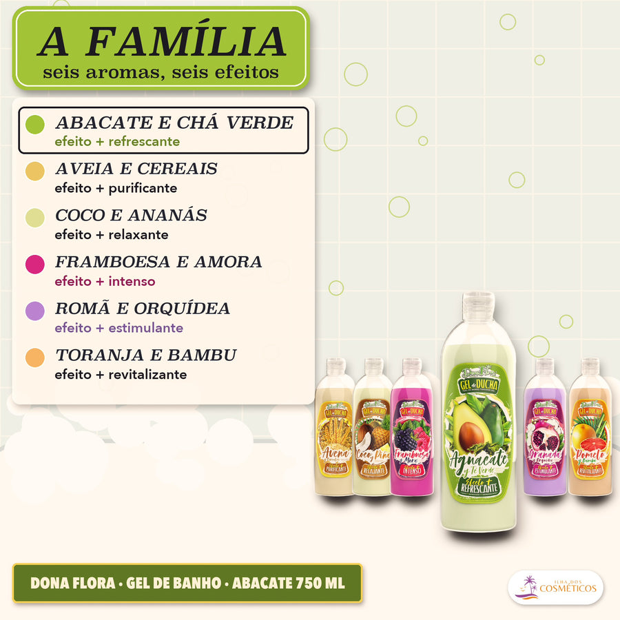 Dona Flora Gel de Banho Abacate e Chá Verde: a linha de seis aromas, com o efeito de cada um