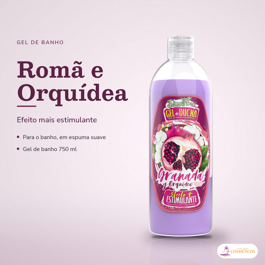 Gel de Banho Romã e Orquídea Dona Flora: frasco em fundo de estúdio, com o nome da linha e as notas