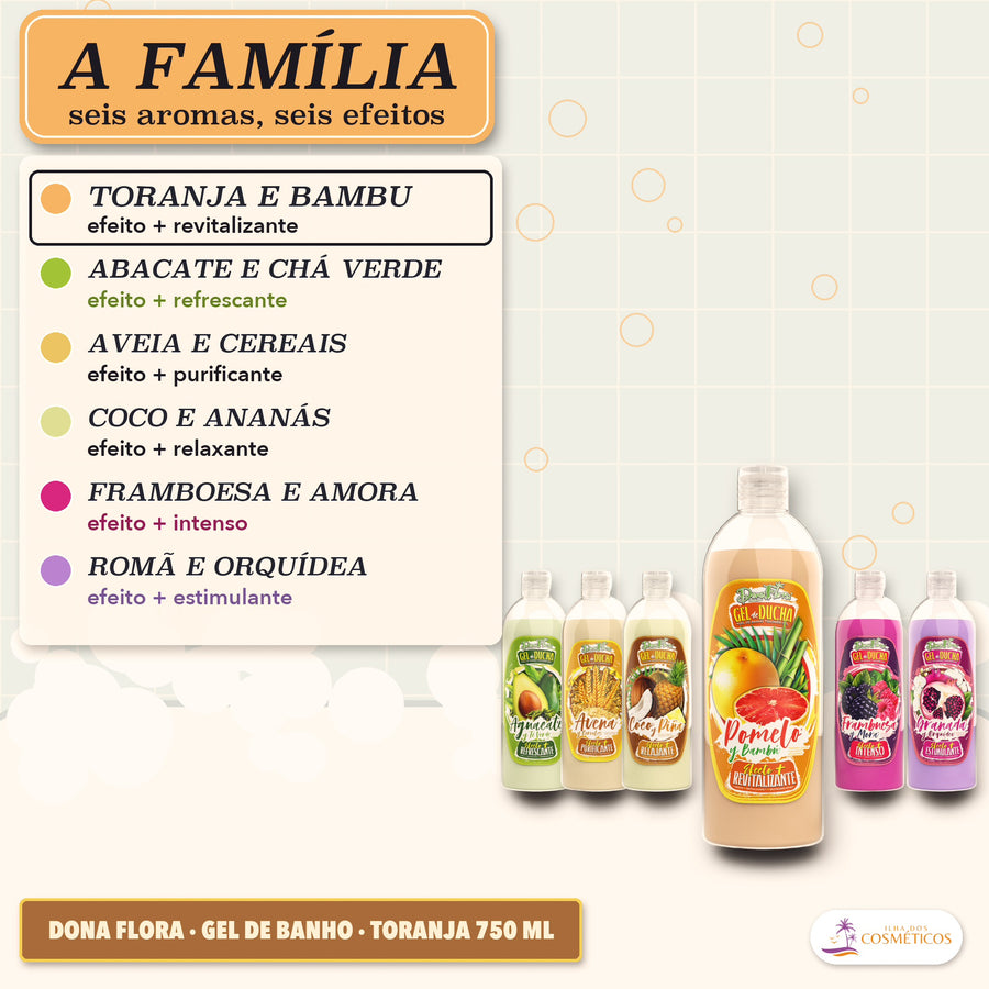 Dona Flora Gel de Banho Toranja e Bambu: a linha de seis aromas lado a lado, cada um com o seu selo