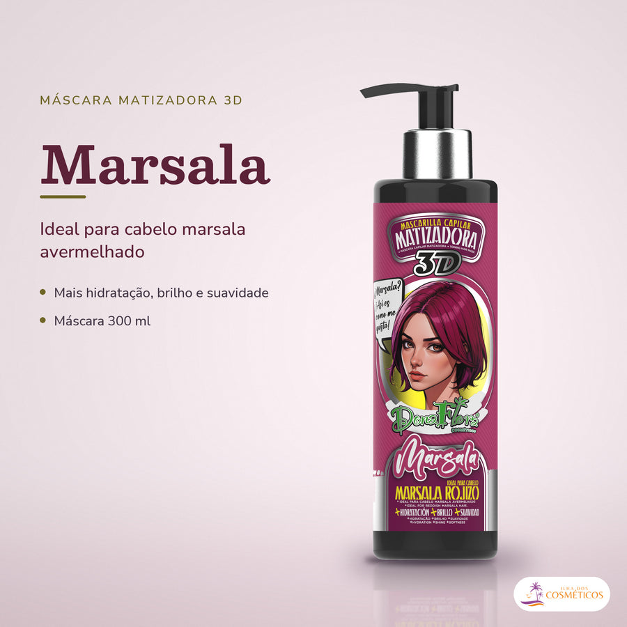 Máscara Matizadora Marsala Dona Flora Tom Avermelhado: pote em fundo de estúdio, com o nome da linha e as notas